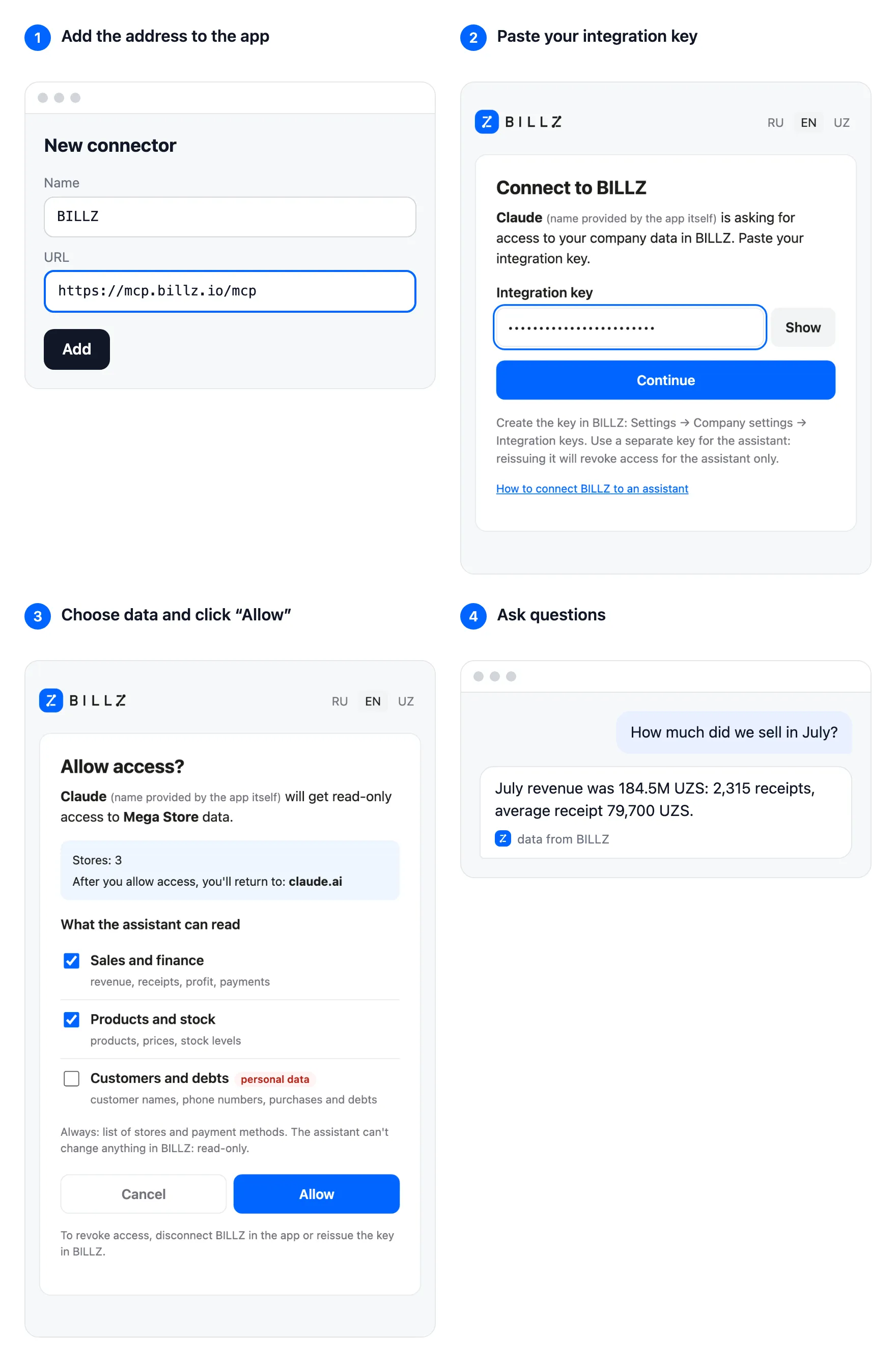 Connecting step by step: the https://mcp.billz.io/mcp address in the app, the integration key on the BILLZ page, choosing data and clicking “Allow”, asking the assistant