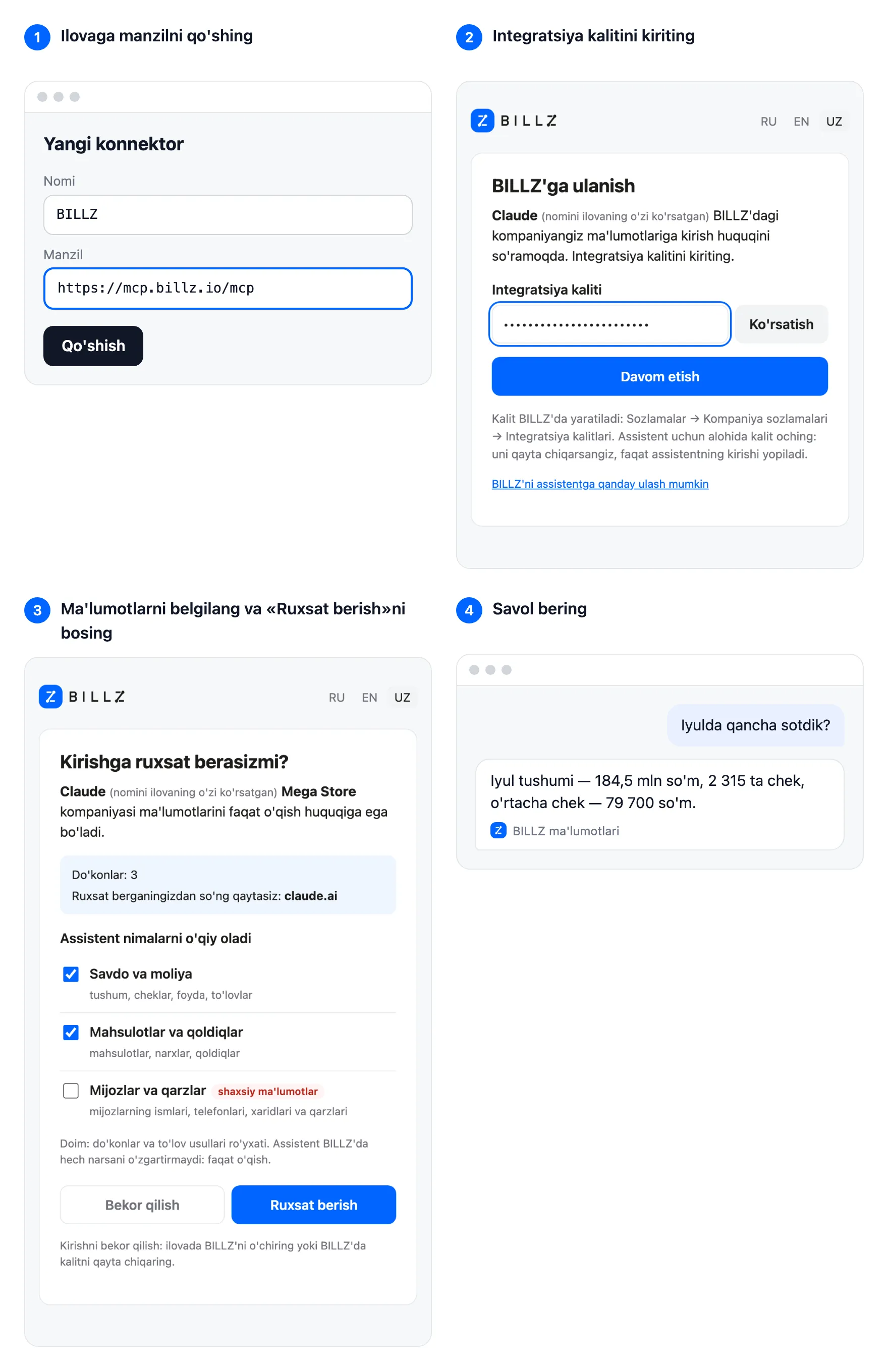 Bosqichma-bosqich ulanish: ilovada https://mcp.billz.io/mcp manzili, BILLZ sahifasida integratsiya kaliti, ma’lumotlarni tanlash va «Ruxsat berish» tugmasi, assistentga savol